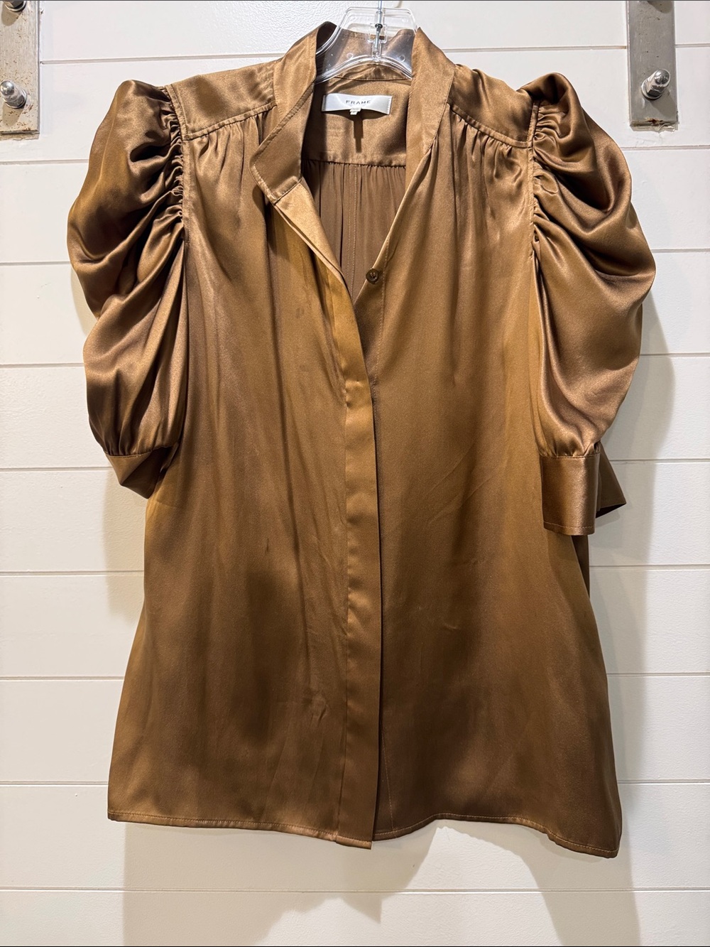 Frame Denim Bronze Satin Puff-Sleeve Button-Front Blouse